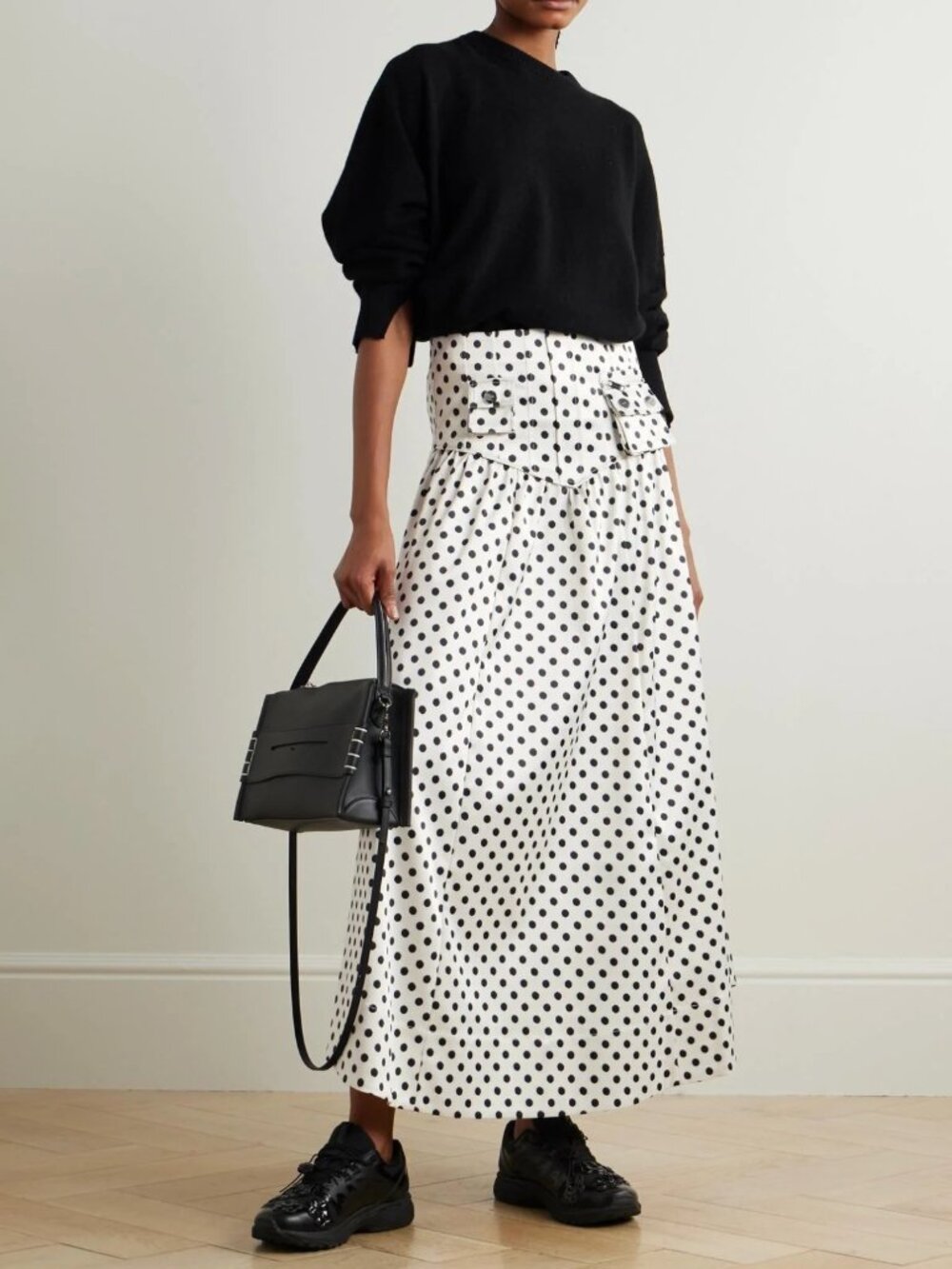 Ganni Polka Dot Satin Skirt in White/Black, size 38 (fits size small)